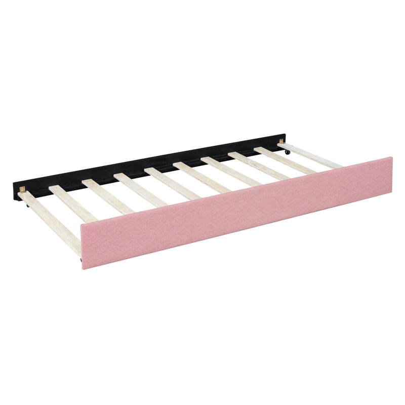 Daybed With Trundle In Pink Linen Fabric, No Box Spring Required For Comfort Upholstered - Brilliance, Pink
