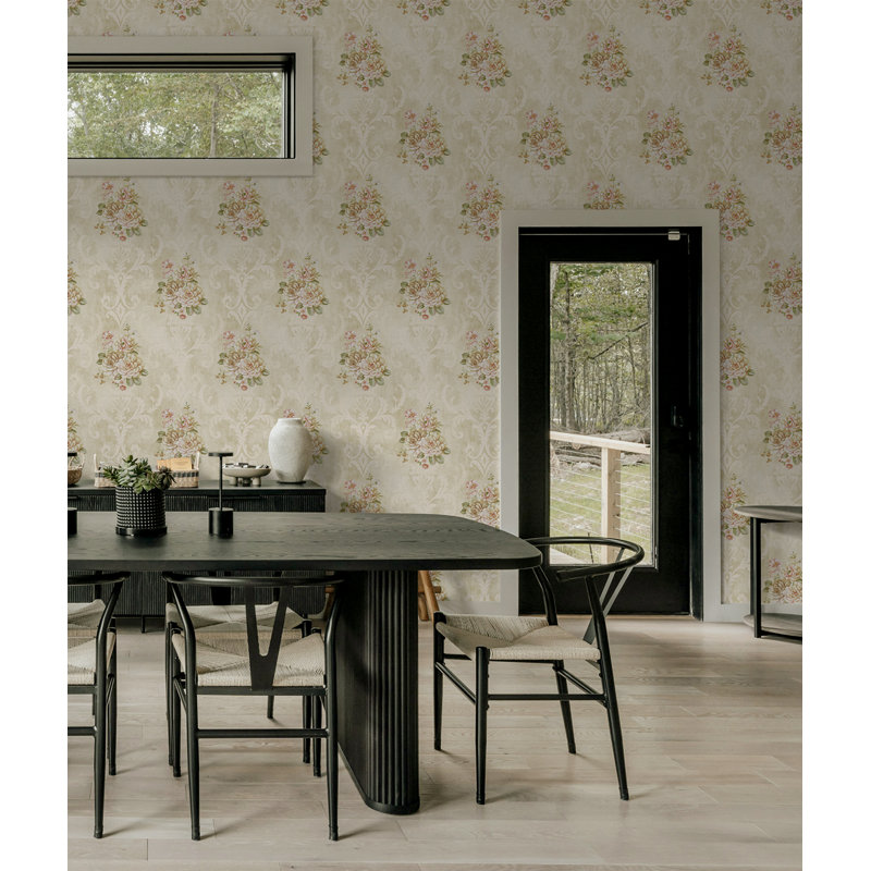 Papier peint damassé à motif floral champagne et crème Eryn de Seabrook Designs, Crème; rose