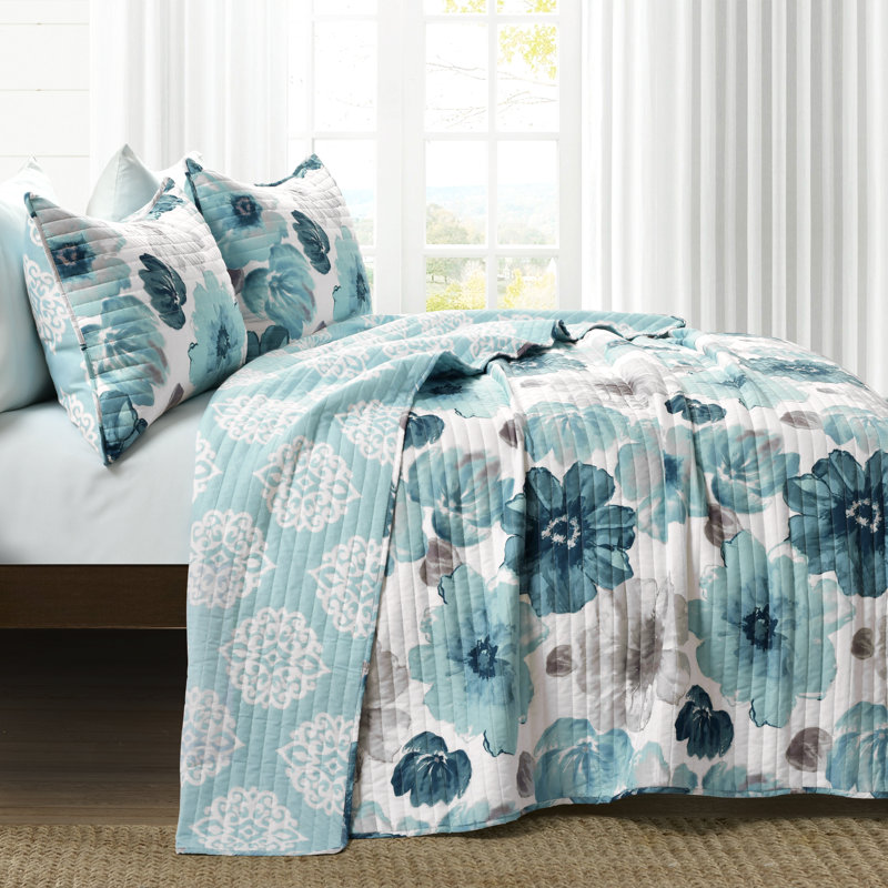 Leah Blue Floral Reversible Microfiber Full Quilt Set
