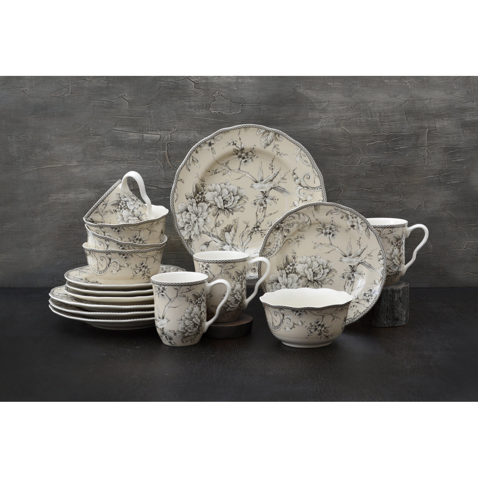 Adelaide Porcelain Dinnerware Set - Service for 4, Floral, Beige