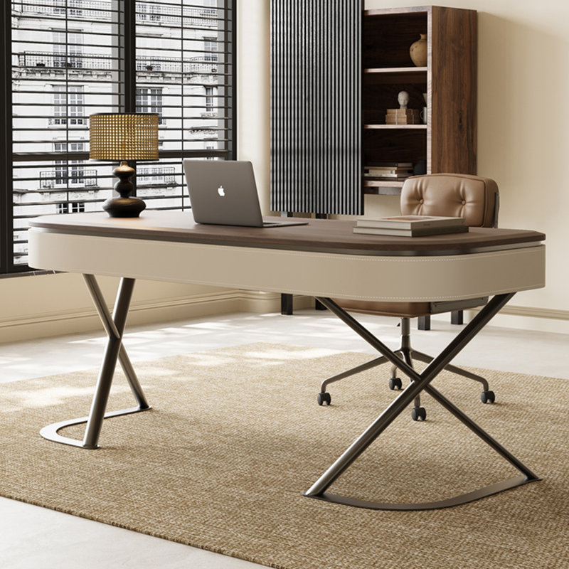Bureau à 2 tiroirs brun noyer + kaki + bois manufacturé noir rectangulaire + acier inoxydable