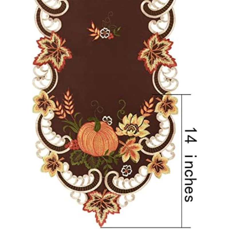 Chemin de table brodé brun avec des citrouilles pour la fête des récoltes d'automne (14 × 34 pouces), 14" L