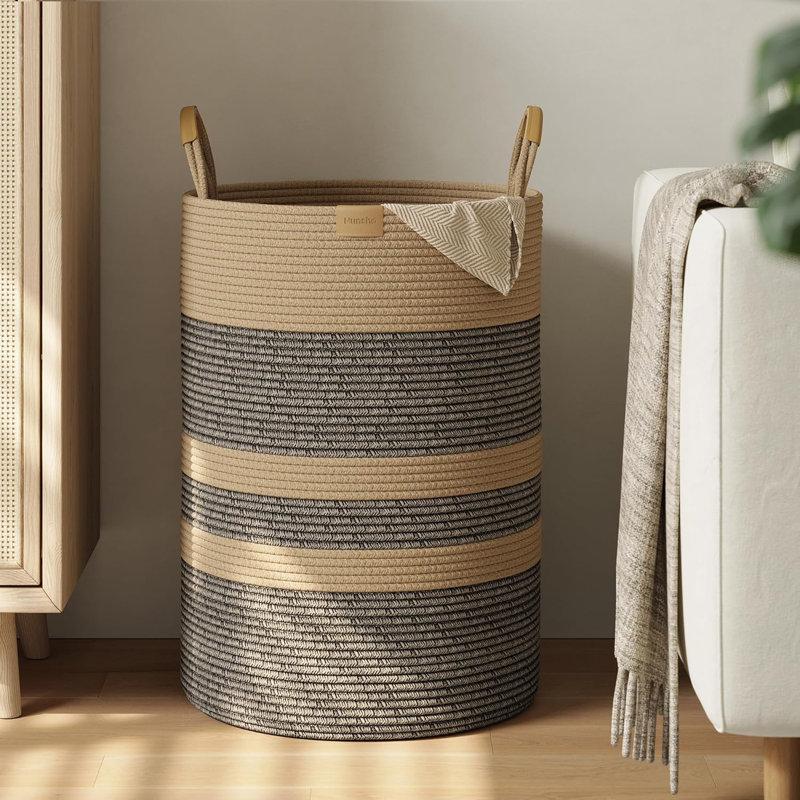 95L Striped Laundry Hamper with Leather Handles Large Foldable Laundry Basket Cotton Rope Storage Bin Dark Brown Stripes