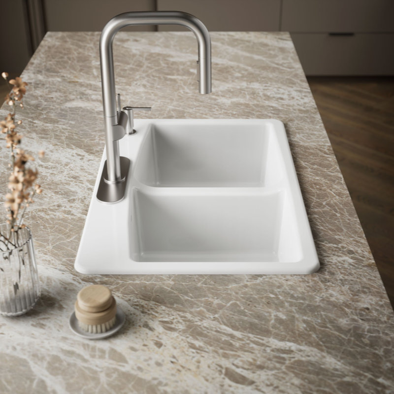 33" L x 22" W x 9-5/8" Top-Mount Double-Equal Kitchen Sink, Almond, 3 Hole