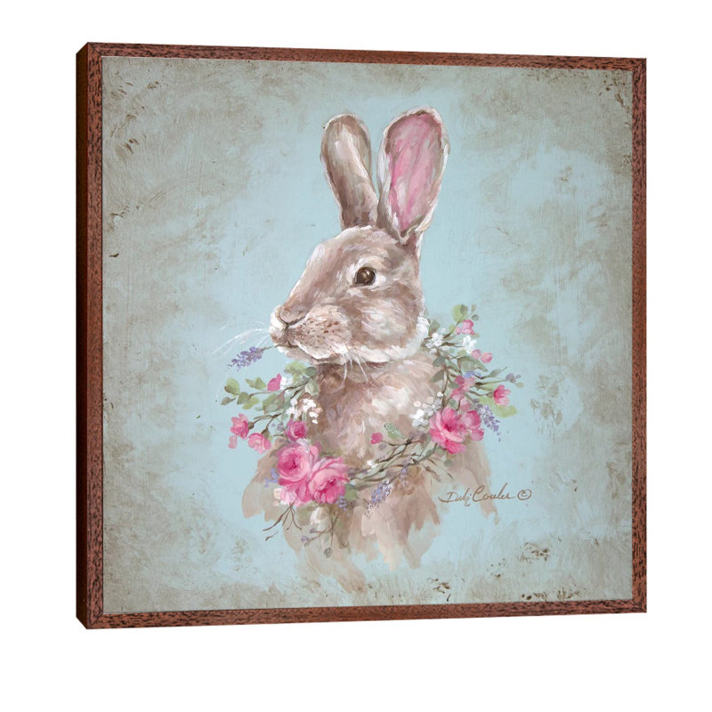 Bunny With Wreath by Debi Coules - Painting on Canvas, 66.04 cm H x 66.04 cm W, Brown Framed
