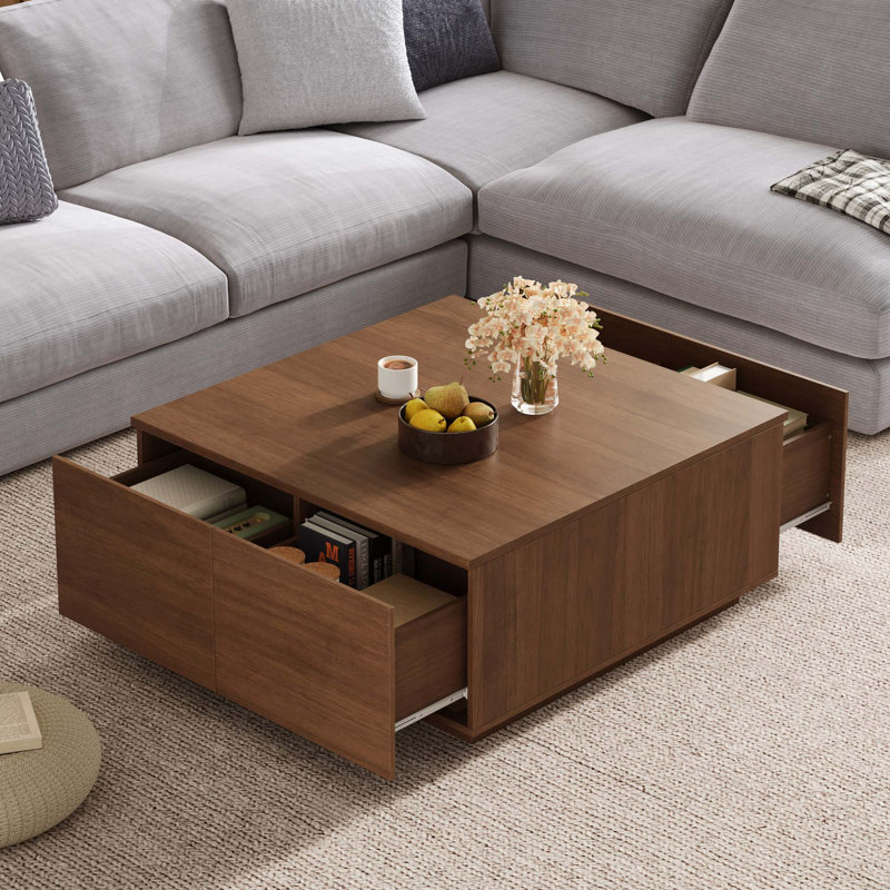 Table basse carrée 33,25 pouces avec 4 tiroirs, Noyer