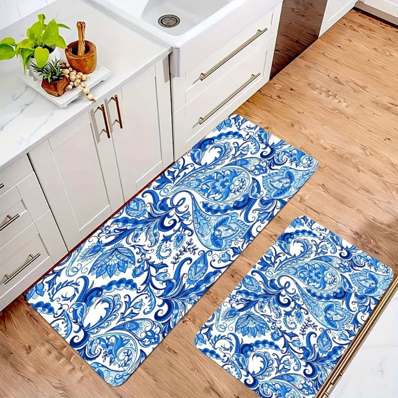 Ensemble de 2 tapis de cuisine à motif cachemire bleu et blanc