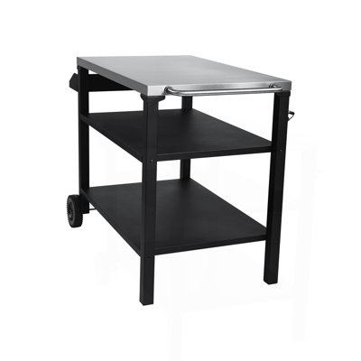3-Tier Outdoor Grill Cart with Stainless Steel Top & Side Shelf, Movable BBQ Prep Table with Wheels, Rolling Serving Bar Cart for Patio, Backyard, Pizza Oven Stand, Black
