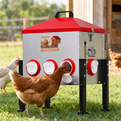 55 Lbs Metal Poultry Feeder With 8 Feeding Ports & Adjustable Height Support Legs - Weatherproof Automatic Chicken Feeder, Rainproof Cone Roof, Safety Latch, Veggie Net Included