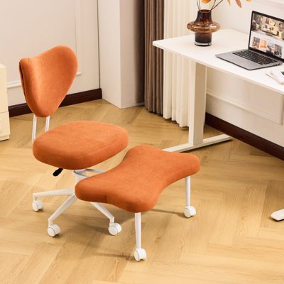 Chaise orange moderne, assise ergonomique à pieds croisés avec soutien lombaire, idéale pour une utilisation prolongée dans un bureau ou un bureau, peau douce et courte, rotation sur 360 °, base en bois de peuplier, mousse et velours côtelé