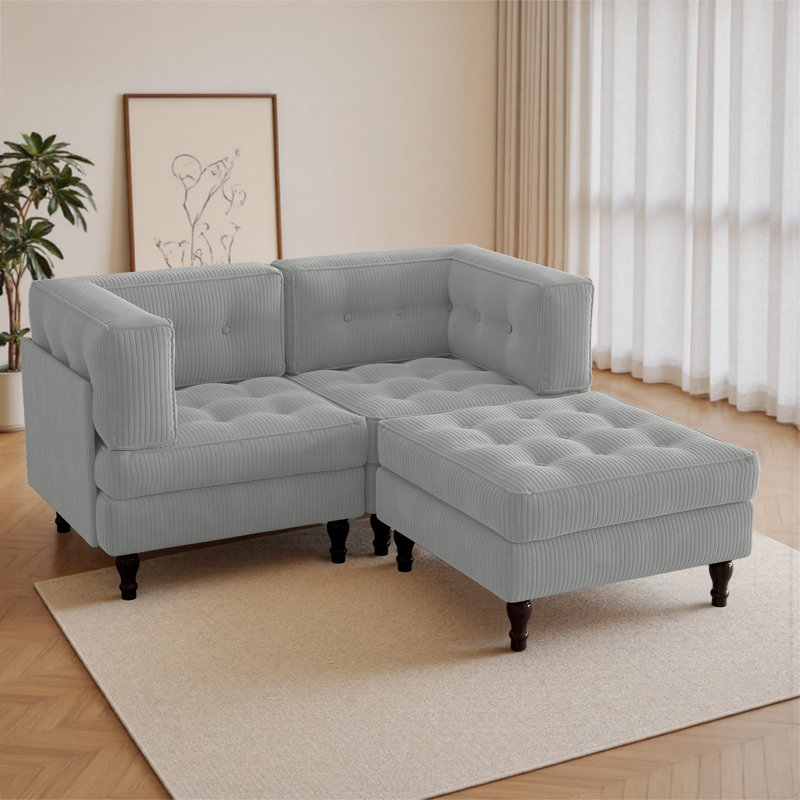 3 - Piece Upholstered Light Gray Tufted Corduroy Modular Sectional with Pillow and Removable Flip-Tray Top Storage Ottoman