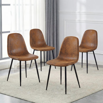 Modern 4-Piece Dining Chair Set With Distressed Brown Upholstery & Black Metal Legs