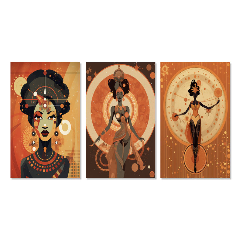 Déesse africaine graphique dans les tons de terre VI - ensemble de 3 impressions, Toile tendue, H 60 po x l 40 po