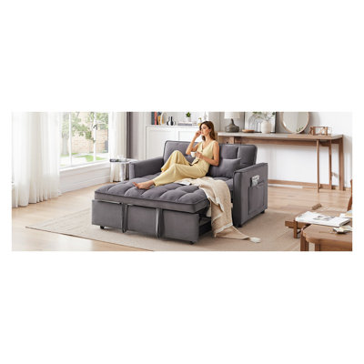Canapé-lit moderne en velours de 55,1 po avec dossier réglable, poches de rangement et coussins - futon gris foncé pour petits espaces