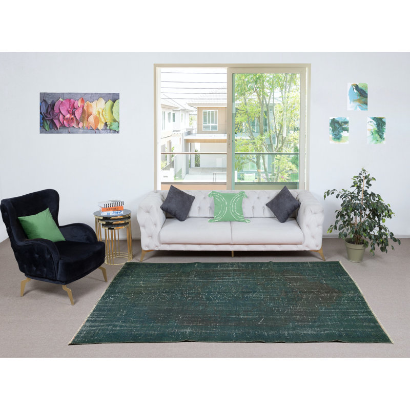 Tapis turc vert foncé fait à la main 5,6 x 9 pi pour intérieurs modernes
