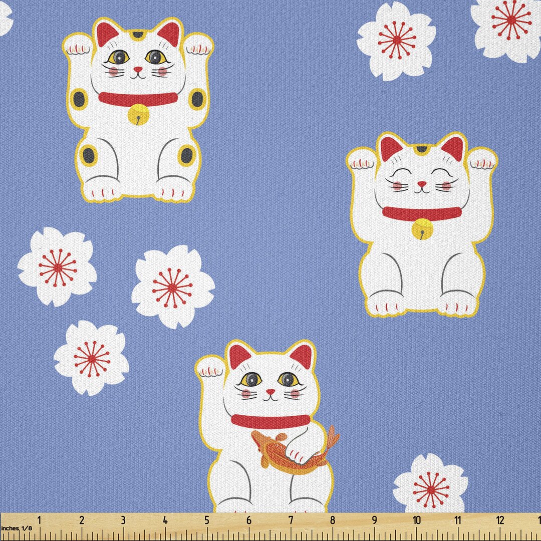 Stoff als Meterware, Maneki Neko-Katzen-Muster, Süße Katze, Azure Blau Dark Pink