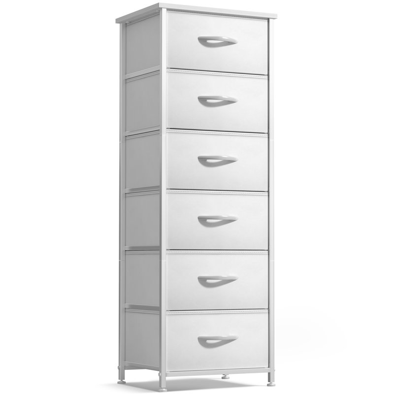Sorbus 6 Drawers Tall Dresser with Steel Frame, Wood Top & Easy Pull Foldable Fabric Bins, White, White