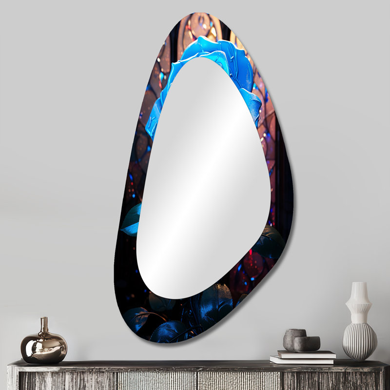 Holy Blue Church Rose - Rose Unique Shape Decorative Mirror, Traditional Asymmetrical Large Wall Mirror, Printed Metal Art