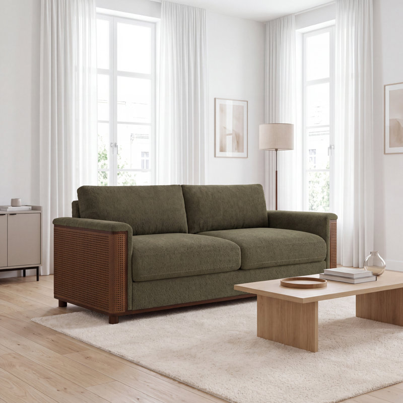 Canapé Modern Boucle avec panneaux de canne naturels et structure en bois massif, Boucle vert olive