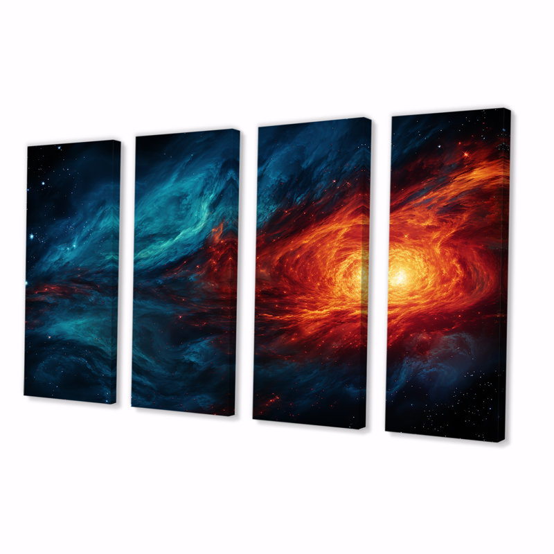 Bleu et orange, nébuleuse cosmique I - planètes, art mural 4 pièces pour le salon, H 32 po x l 64 po