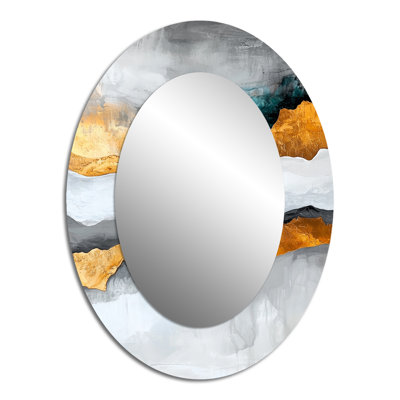 Harmonie contrastante de gris et de marbre doré II - Miroir décoratif ovale abstrait sur métal