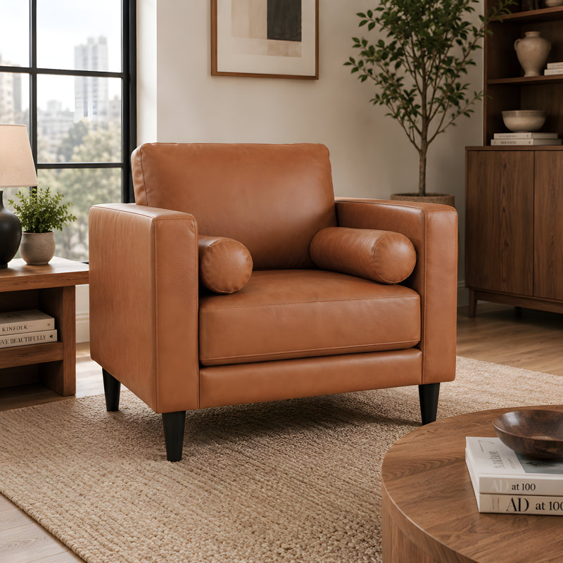Fauteuil d'appoint Esin Mid-Century en cuir véritable Esa, Cuir véritable brun
