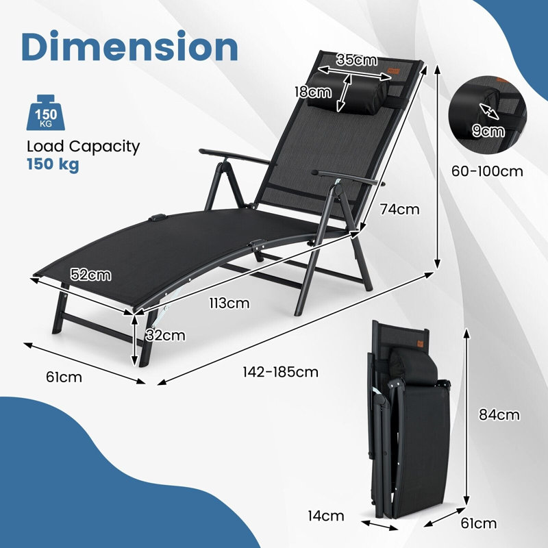 Cadmarr Reclining Metal Outdoor Lounge Chair, Black
