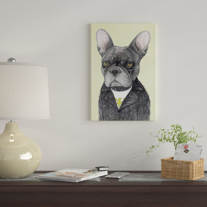 «Hard Rock French Bulldog» par Barruf, impression sur toile tendue, H 32 po x l 24 po x P 1 po, Papier d'art encadré noir