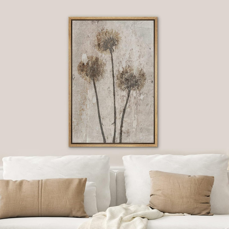 Dandelion " Grunge Dandelion Flower Silhouettes ", 24" H x 16" W, Natural Floater Framed