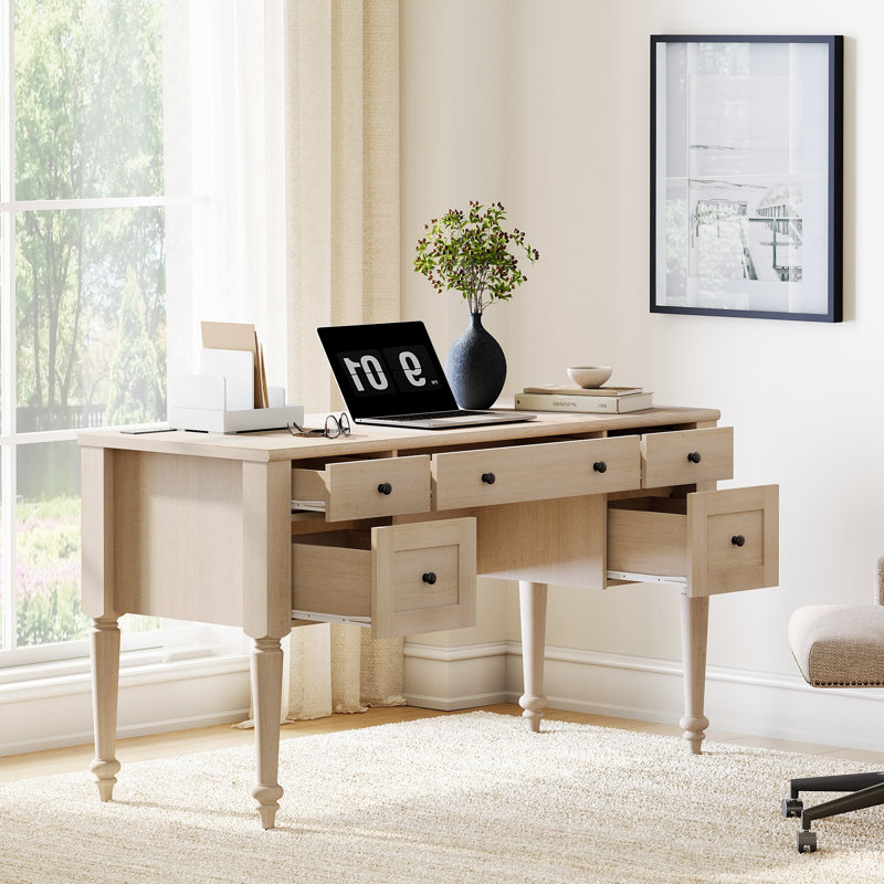 Bureau de direction Corretta Farmhouse 56'' avec 5 tiroirs, bureau pour bureau à domicile avec station de recharge, bureau d'ordinateur en bois avec compartiment de rangement arrière, bureau pour le travail et les études