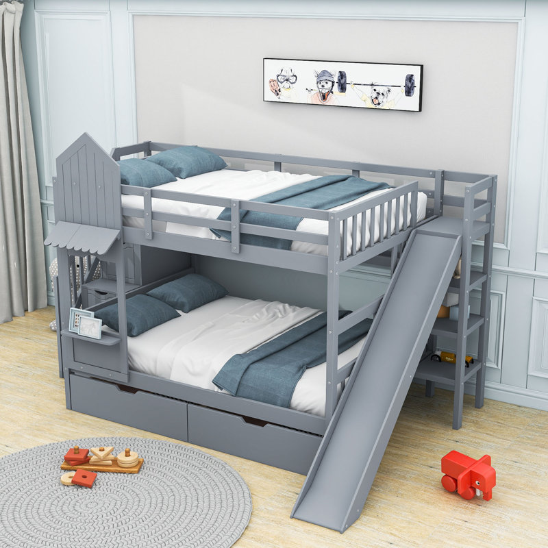 Lit superposé double au-dessus de double avec 2 tiroirs, tablettes et glissière Ilitia, gris