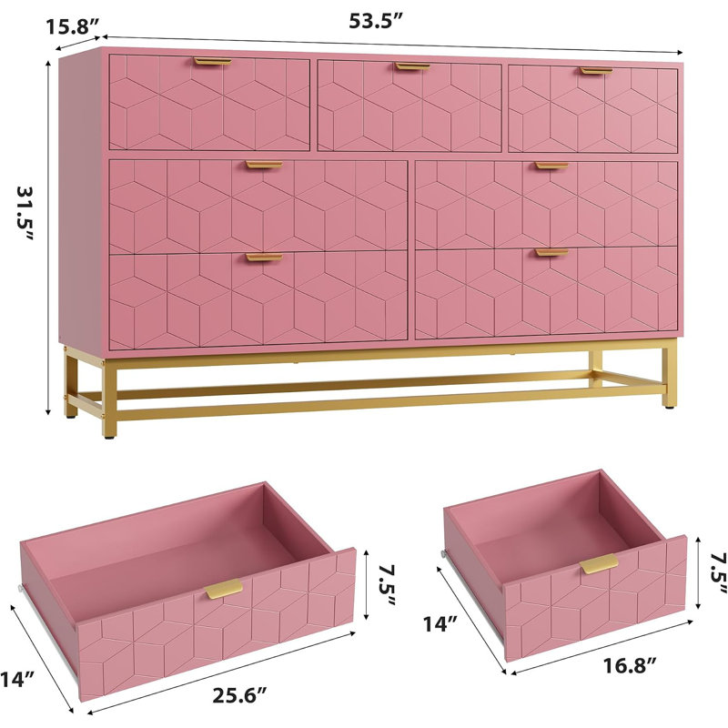 Commode 6 tiroirs, rangement large en bois avec plateau spacieux pour la chambre à coucher et le couloir, Pink