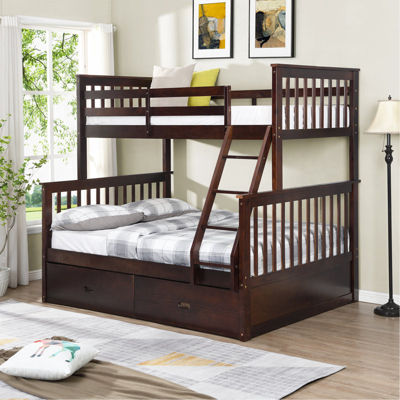 Lit simple superposé au dessus d'un lit double avec tiroirs de rangement, lit superposé en bois avec échelle et garde-corps - Espresso
