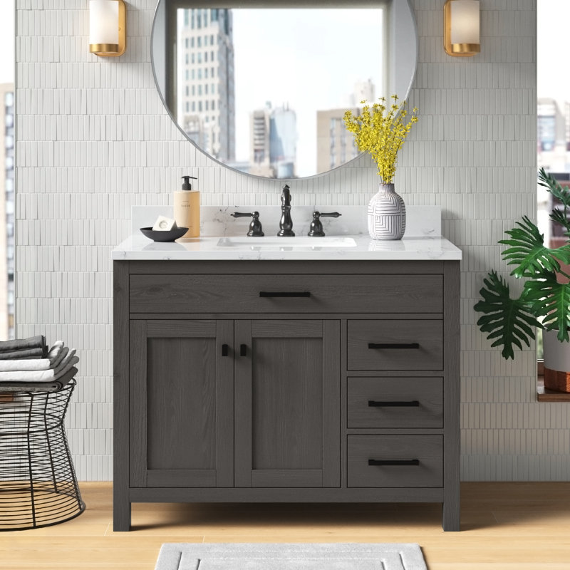Ensemble de meuble-lavabo simple 42 po Ajiya, Gris texturé / noir mat, Blanc de Carrare