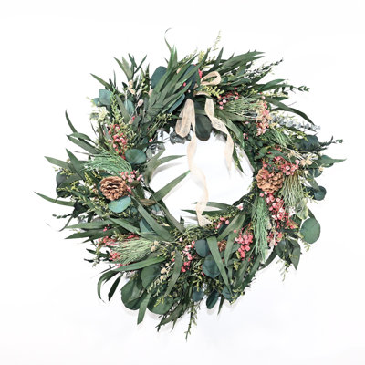 Couronne de porte artificielle 24 po en forme de ferme naturelle séchée avec eucalyptus et pommes de pin automne hiver