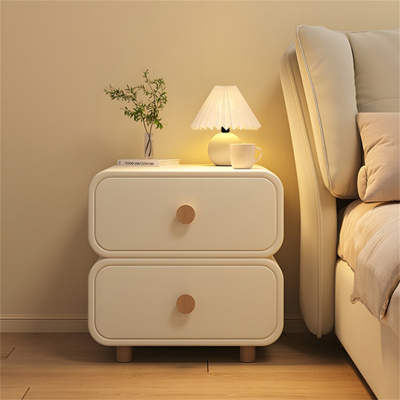 Cream-Style Solid Wood Double-Drawer Nightstand, Modern Minimalist Bedroom Storage Side Cabinet with Rounded Corners and Wooden Legs