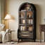 Bibliothèque arquée avec éclairage DEL, armoire de rangement à finition noire avec portes et tiroirs en verre-1266143363