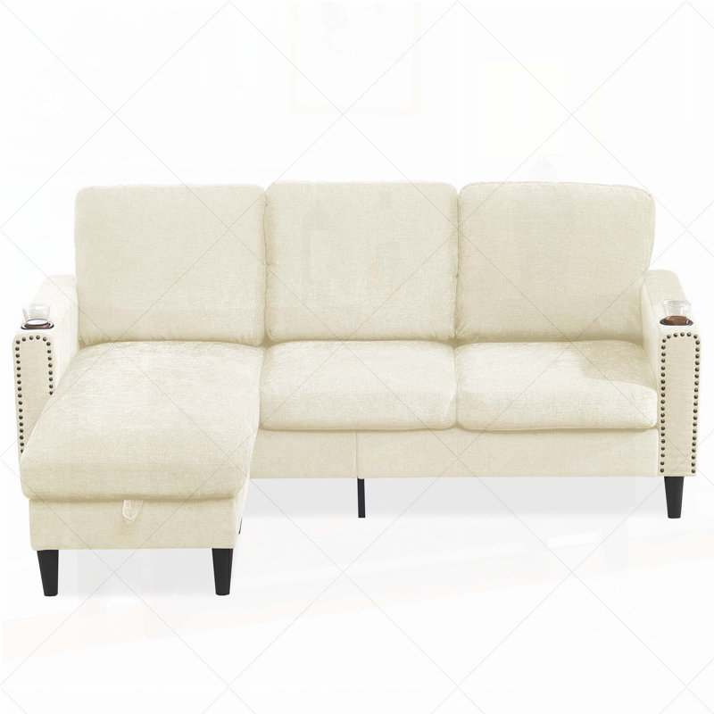 Canapé modulaire en L à 3 places avec méridienne de rangement, Chenille blanc cassé