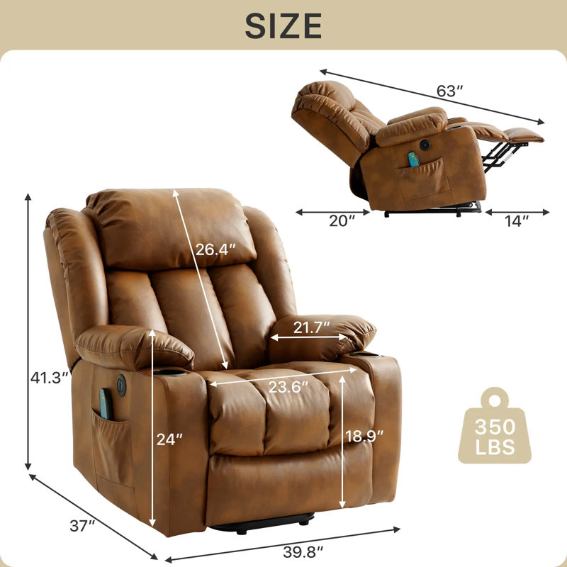 Power Lift Recliner Chair for Elderly With Vibration Massage Heat And Cup Holders, 2 Side Pockets, Ochre Faux Leather