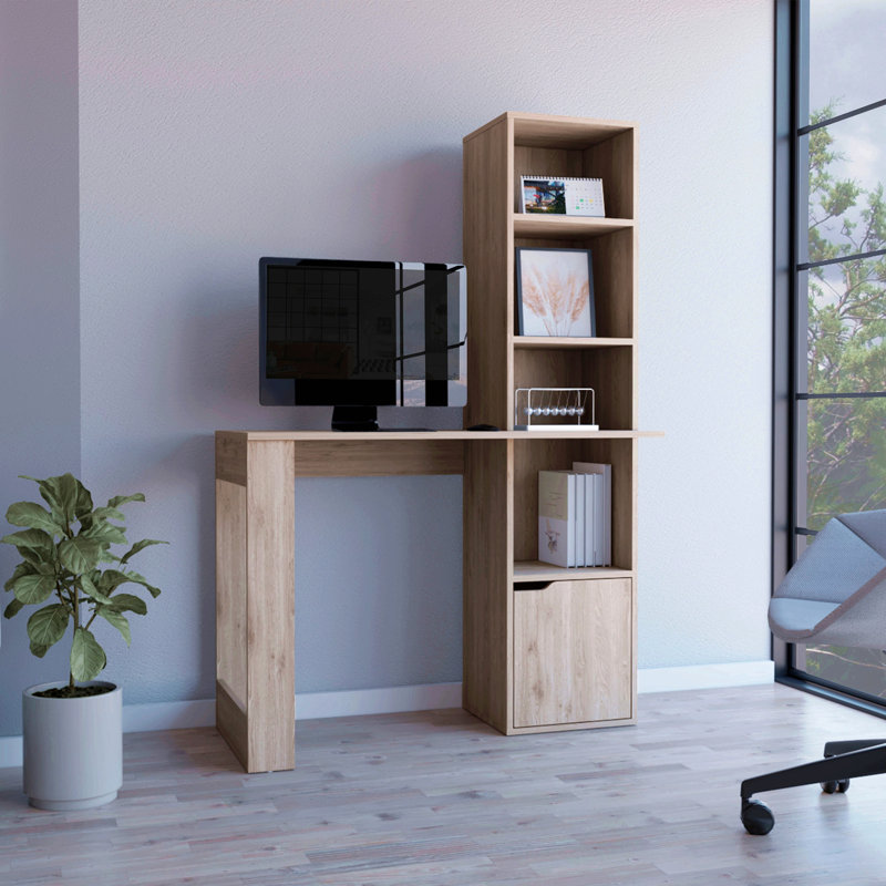 Bureau d'ordinateur avec 1 armoire et bibliothèque à 4 niveaux, Gris