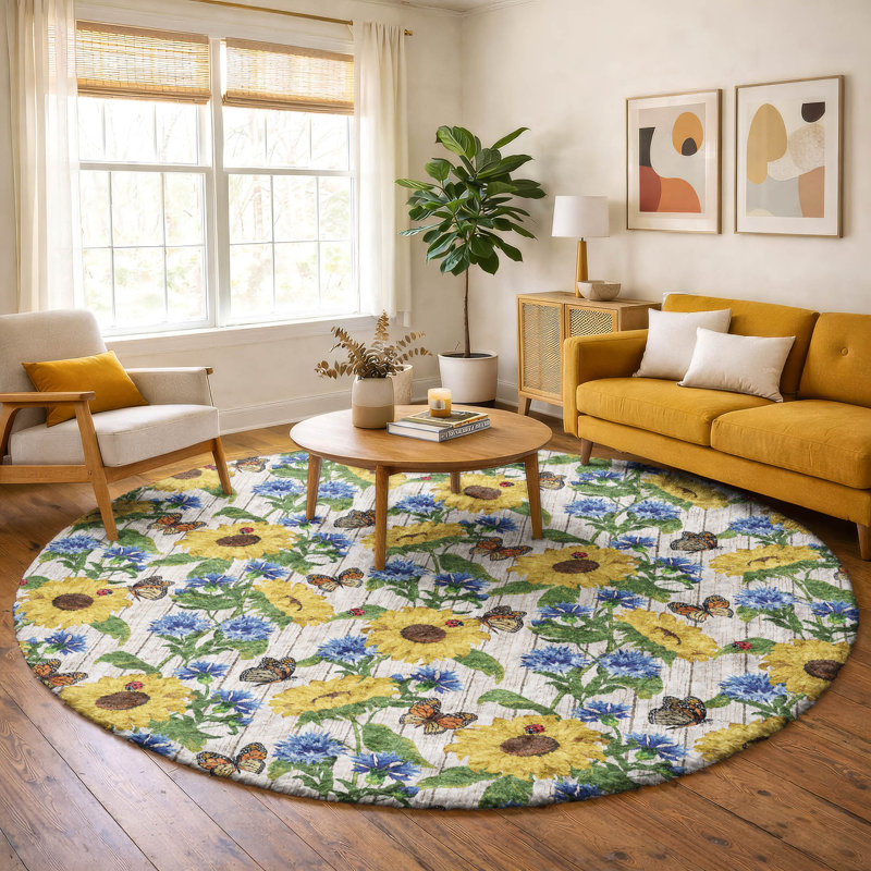 Premium Machine Washable Dream Shag Sunflowers/Butterflies Rug, 8' Round