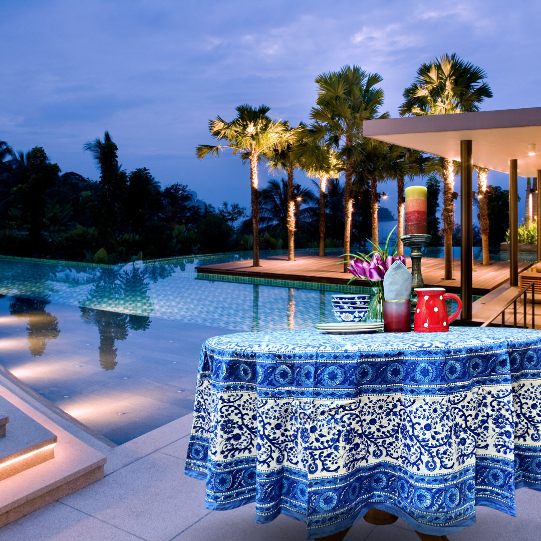 Floral Block Print Cotton Round Tablecloth Blue White Linen Rosalind Wheeler 
