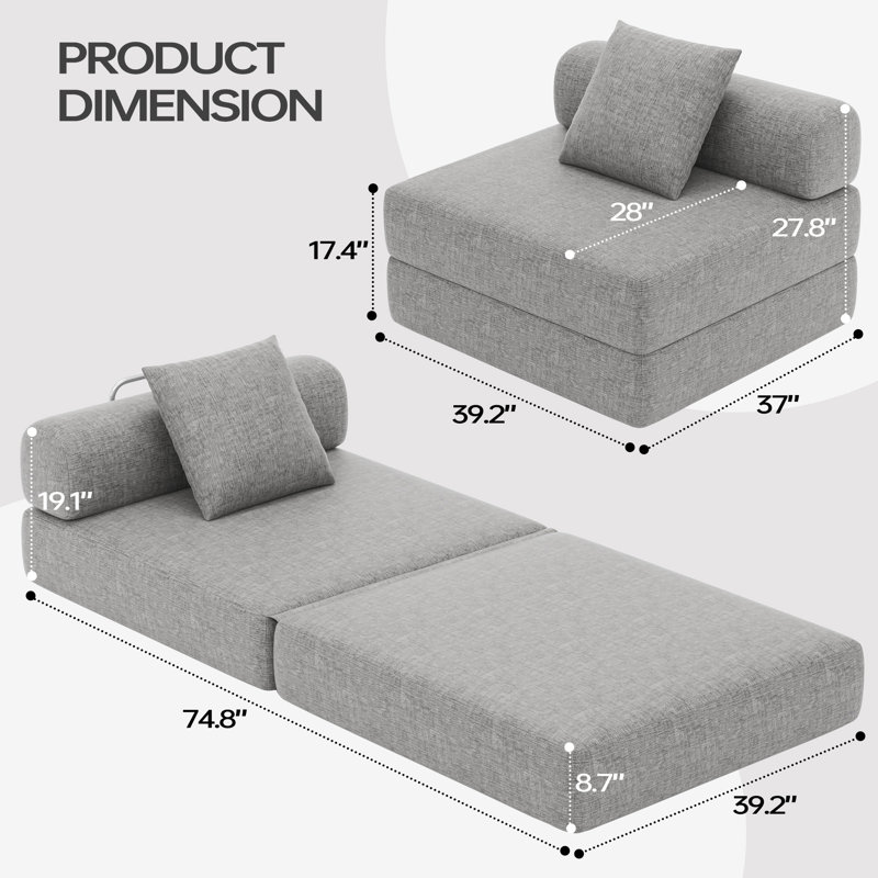 Canapé-lit pliant 39,2 po, futon pliable au sol avec mousse à mémoire de forme, emballage de compression, Grey