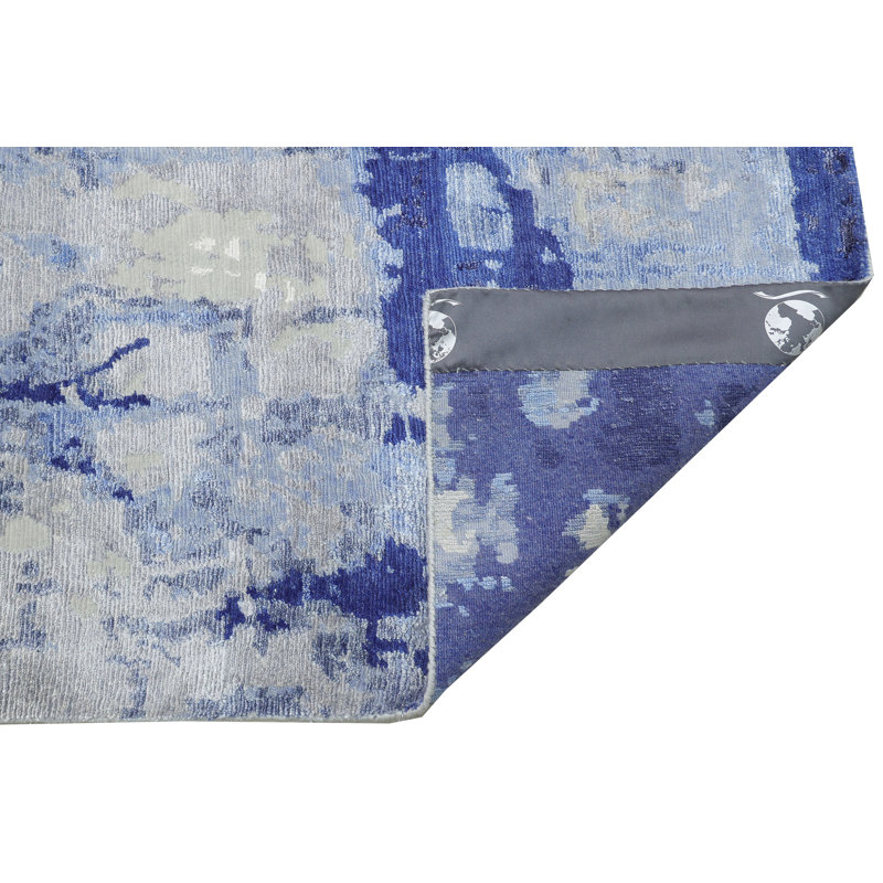 Tapis gris / bleu noué à la main, Rectangle 9 pi x 12 pi