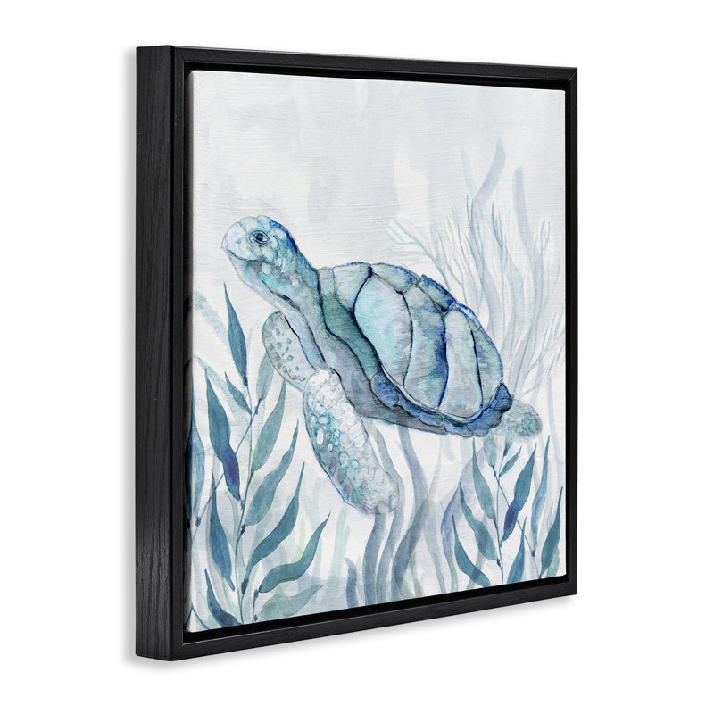 Tortue de mer avec cadre flottant au sourire subtil, design par Janet Tava, Cadre flottant noir de jais, H 18 po x l 18 po