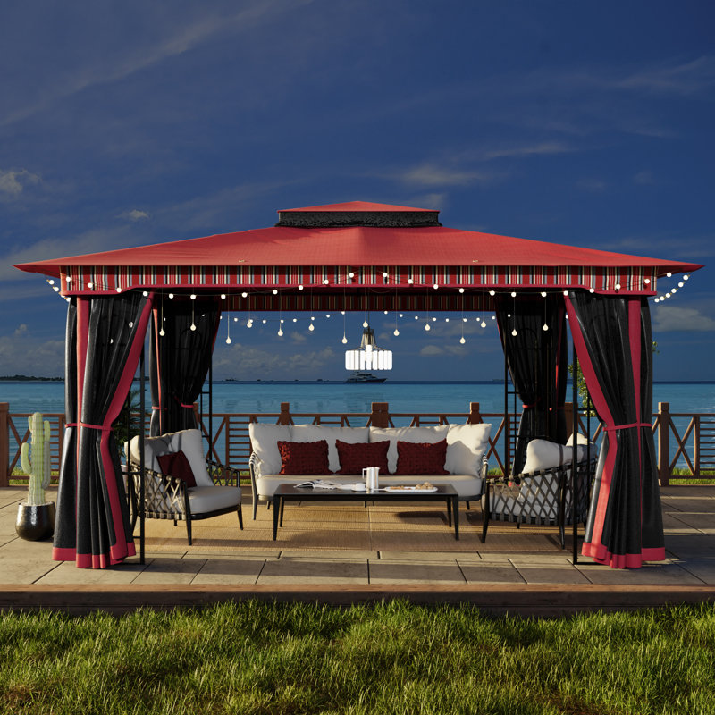 13 Ft.W x 11 Ft.D Outdoor Steel Patio Gazebo with Double Vented Roof and Full Netting, Red