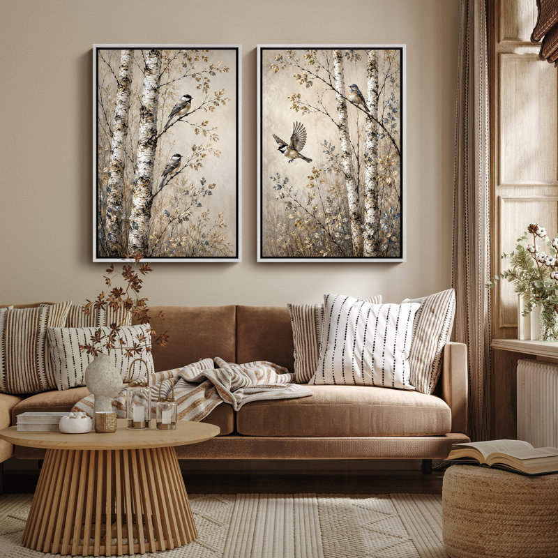 «Birch Tree Birds Woodland Nature», ensemble de 2 reproductions d'art encadrées, 24" H x 16" W, Black