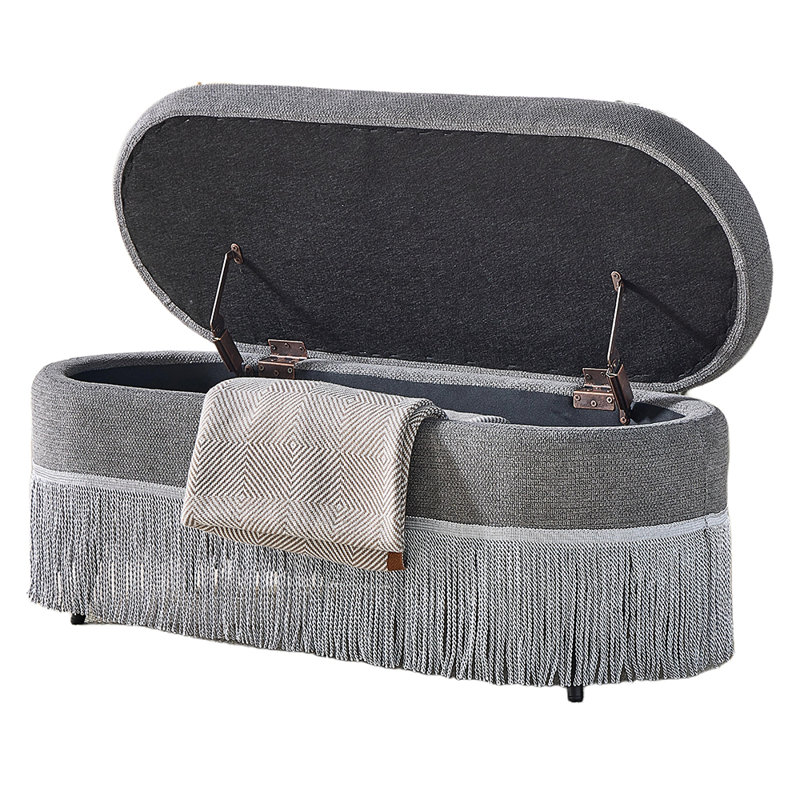 39" Oval Storage Ottoman With Fringe Trim And Lift-Top Lid, Upholstered Footrest With Hidden Storage, Multi-Use Ottoman For Living Room Bedroom