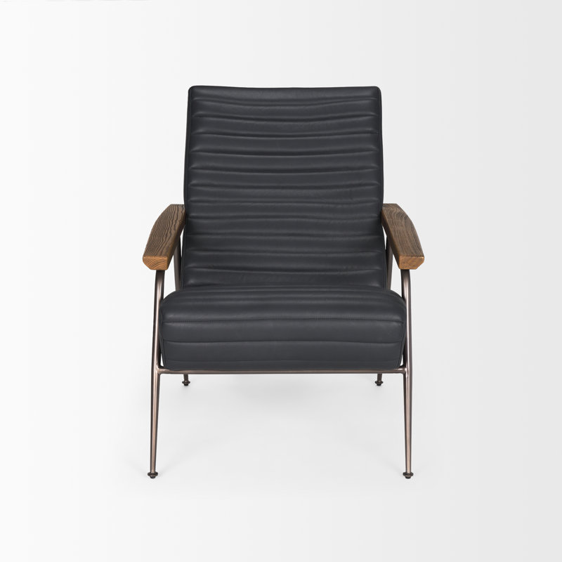 Fauteuil en cuir véritable capitonné de 93,98 cm de large, Cuir véritable noir Chad