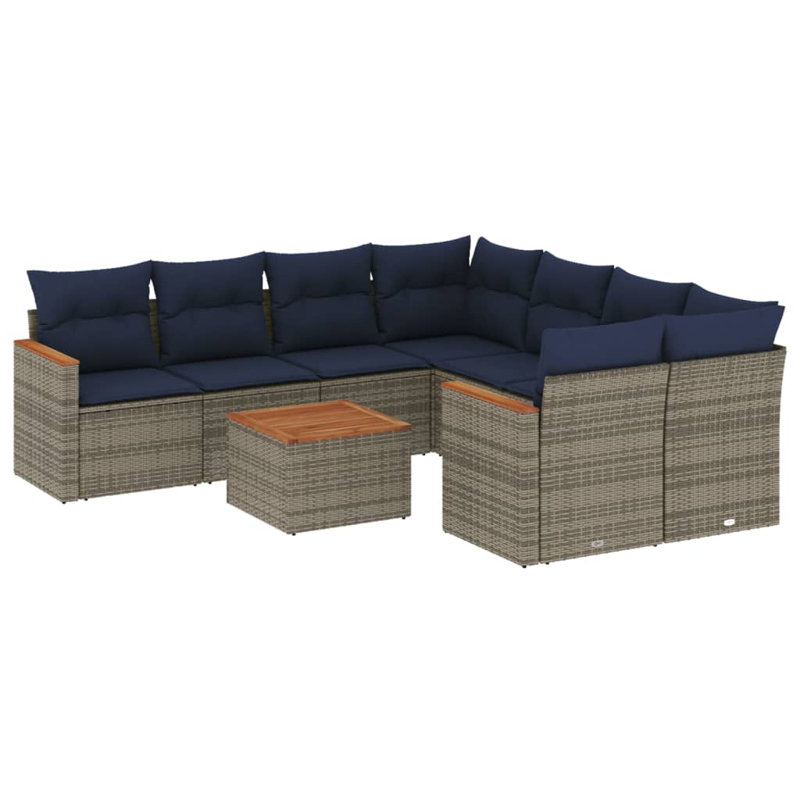 Ensemble de canapé de patio 9 pièces avec coussins en rotin de polyester, Marine, Gris